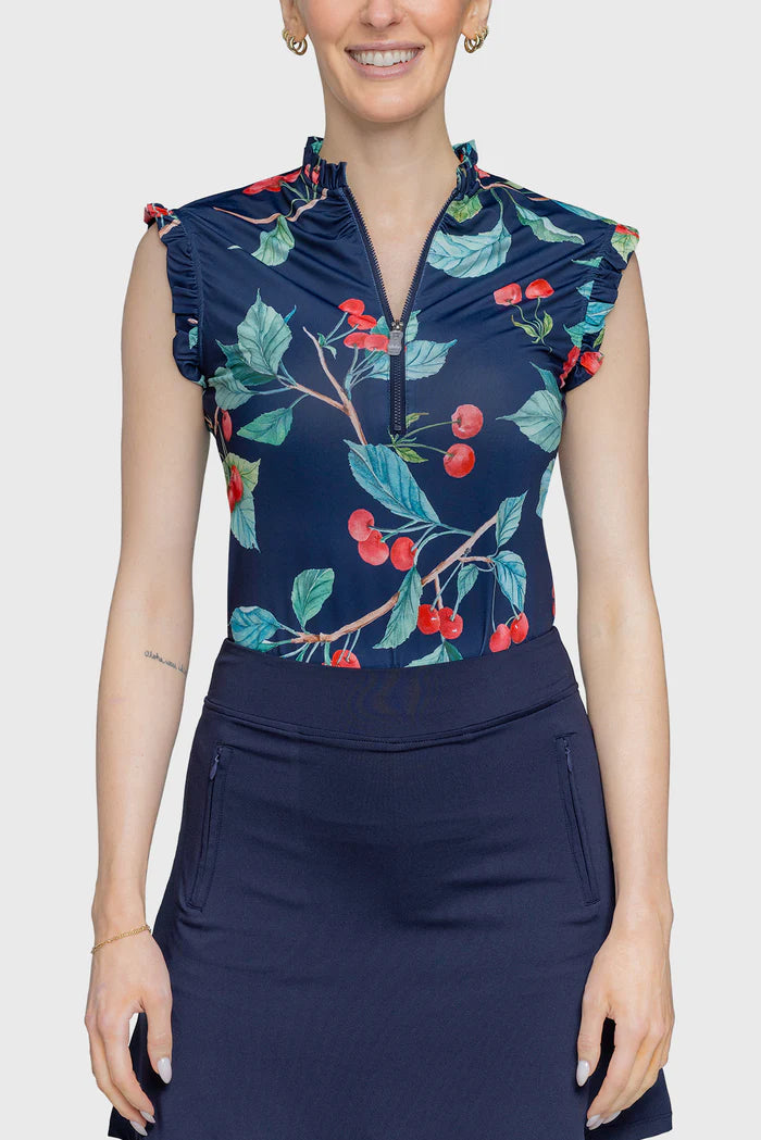 Kastel Navy Cherries Ruffle Sleeveless Shirt