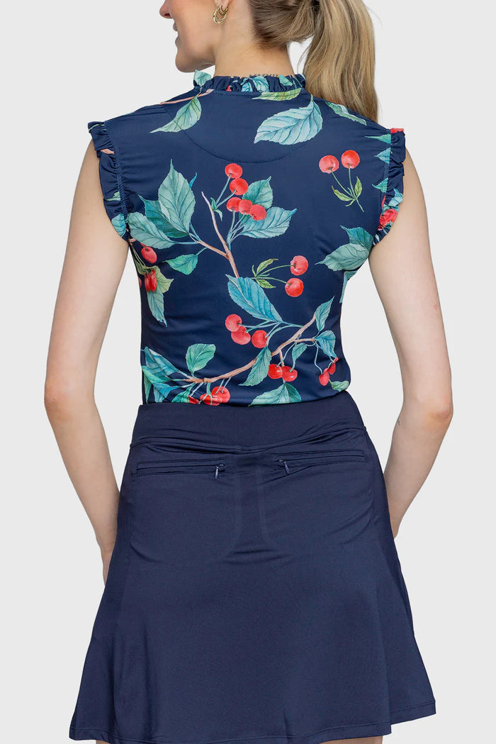 Kastel Navy Cherries Ruffle Sleeveless Shirt